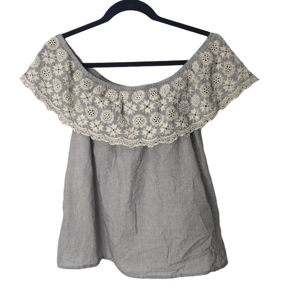 Coquette Off Shoulder  Women Small Eyelet Blue Stripe Floral  Cottagecore Dainty - Picture 2 of 6